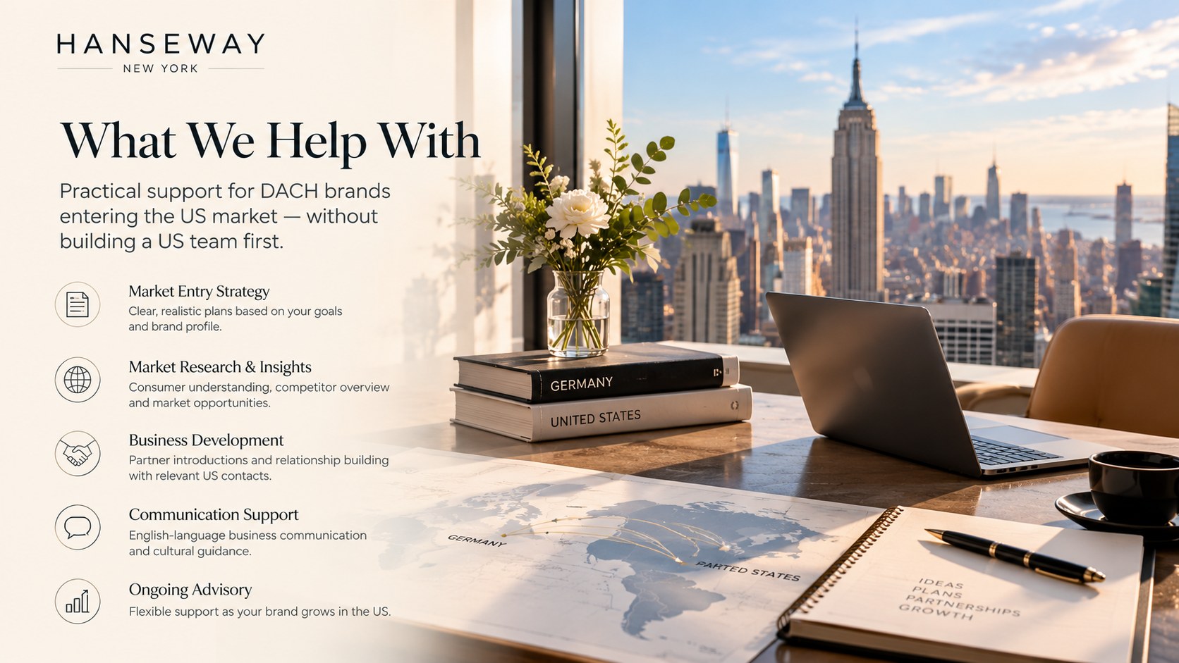 What we help with — five practical support areas for DACH brands entering the US market.